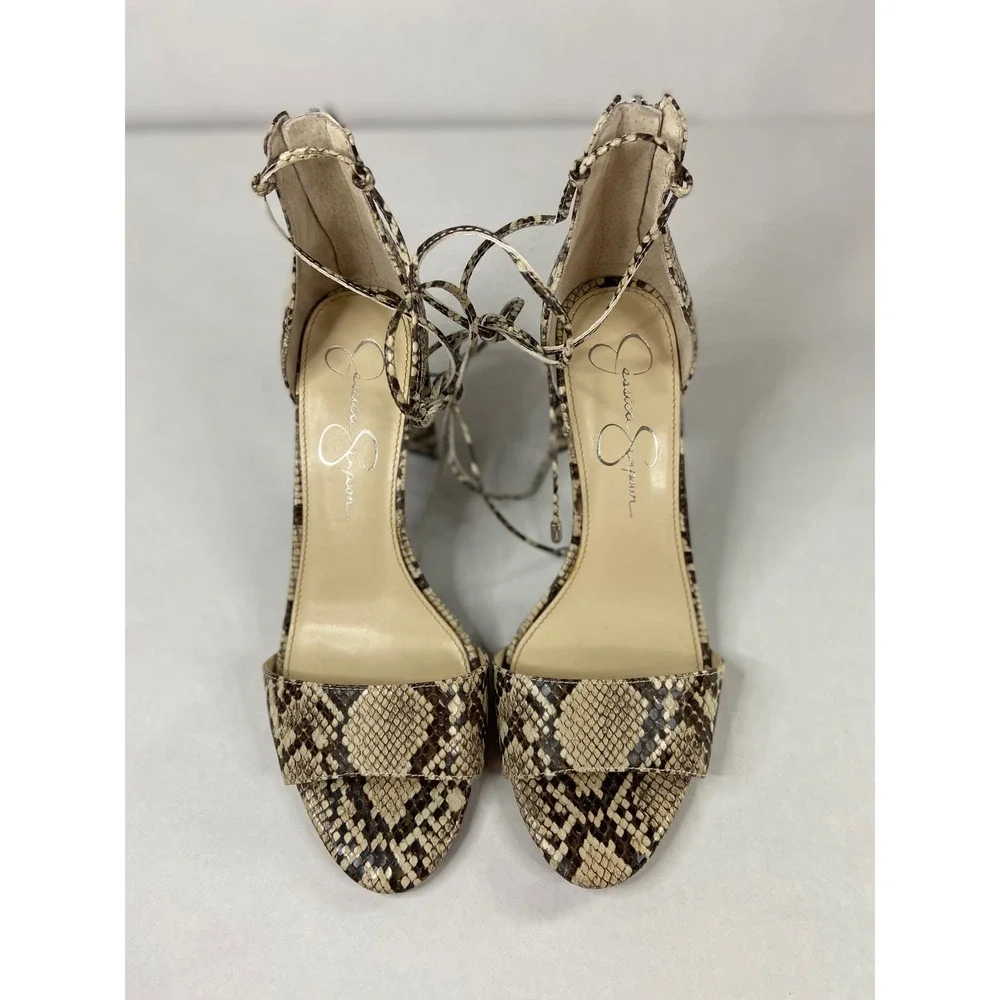 Jessica‎ Simpson Snakeskin Lace Up Block Heel Sandals Brown Tan 8M